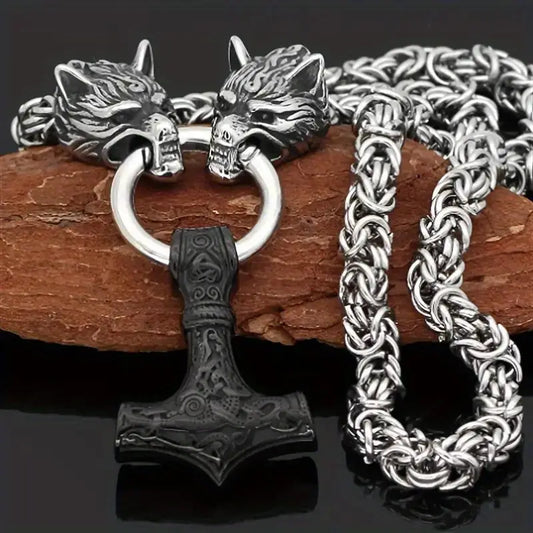 Viking Style Wolf Heads With Hummer Metal Necklace